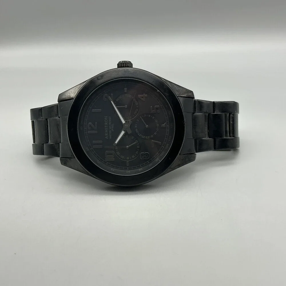Armitron Mens Watch 48mm Black Dial Black Stainless 20/5236TI New Battery 7.75